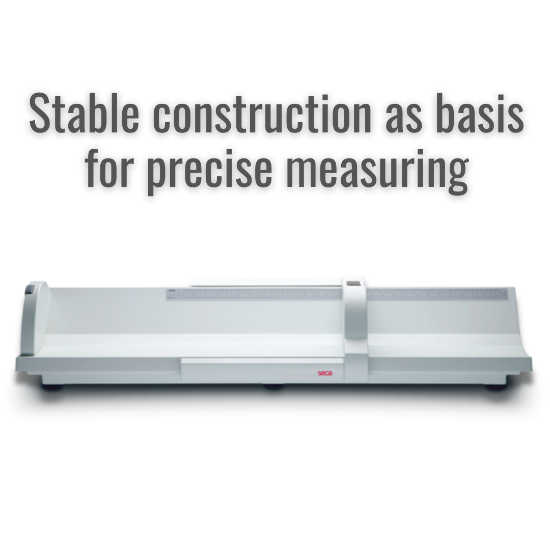 SECA 416 infantometer with extra-large design, sturdy build, and trough-shaped area for precise baby and toddler measurements. Includes a top-side scale and clear indicator for easy, accurate readings.