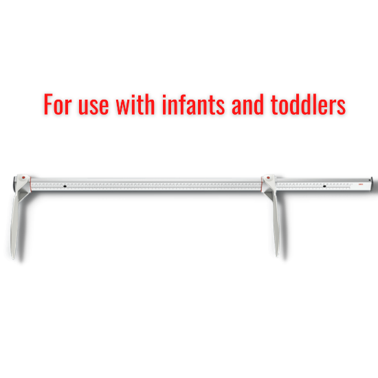 SECA measuring rod with large head and foot positioners, foldable calipers, and durable aluminum construction, designed for secure mounting on tables or walls and mobile use.