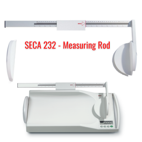 SECA 232 measuring rod featuring integrated head and foot positioners, enhanced color markings for easy reading, durable aluminum construction, and a scratch-resistant height rod with high-quality screen printing.