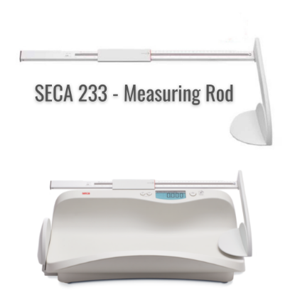 SECA 233 measuring rod featuring integrated head and foot positioners, enhanced color markings for easy reading, and a durable, scratch-resistant aluminum construction with high-quality screen printing.