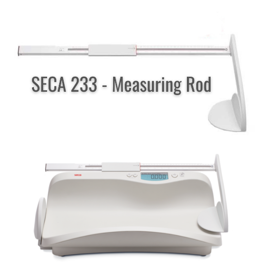 SECA 233 measuring rod featuring integrated head and foot positioners, enhanced color markings for easy reading, and a durable, scratch-resistant aluminum construction with high-quality screen printing.